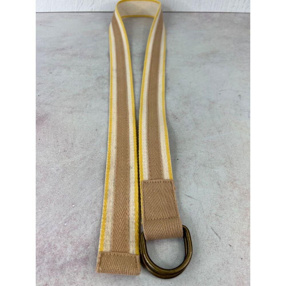 Vintage Beige & Yellow Canvas Belt With Brass D-Ring Buckle